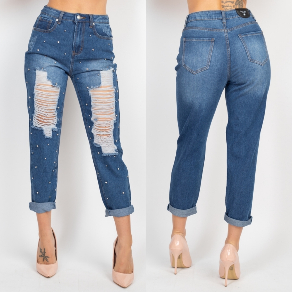 Denim Blvd Rhinestones Ripped Jeans